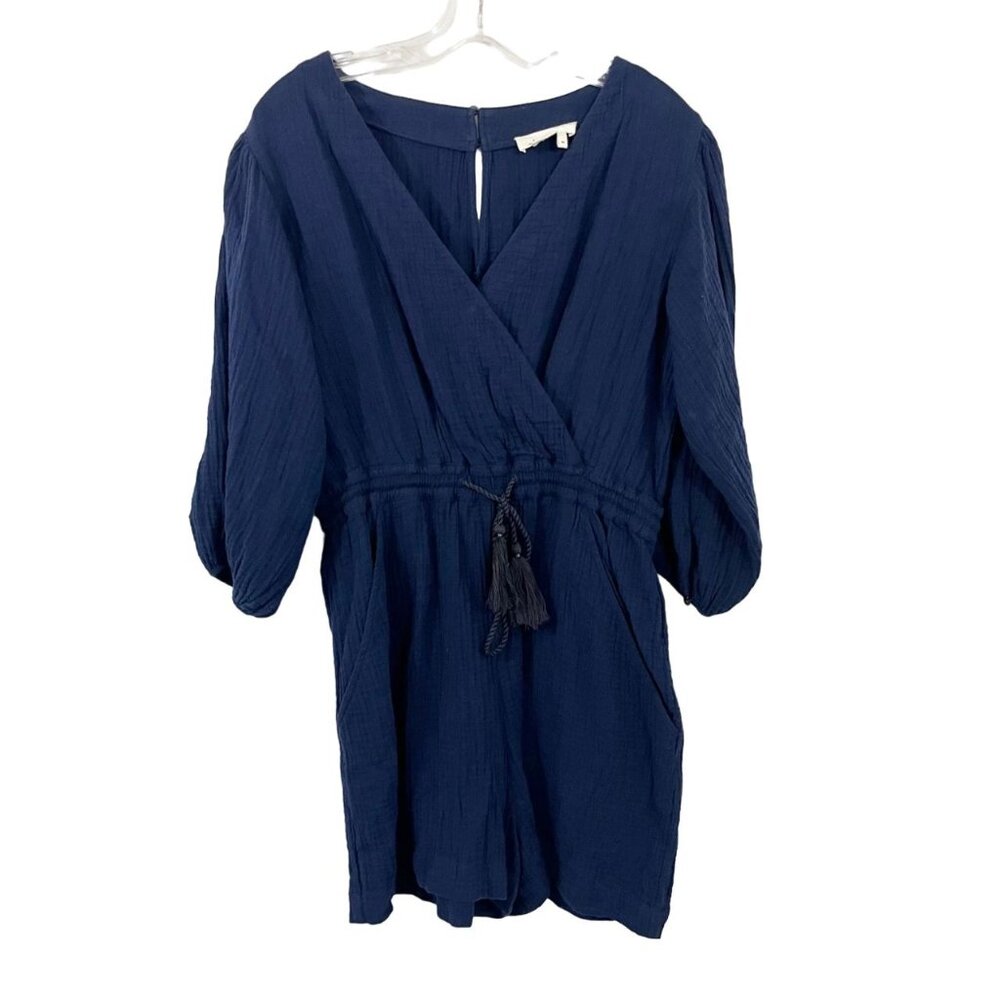 Anthropologie Celia Navy Blue‎ Gauze Romper Pockets Tassels - Size XS